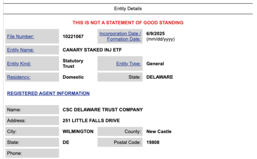 صندوق ثبت‌شده از طرف کاناری کپیتال در ایالت دلاور برای ETF اینجکتیو (INJ) - منبع: Delaware Division of Corporations